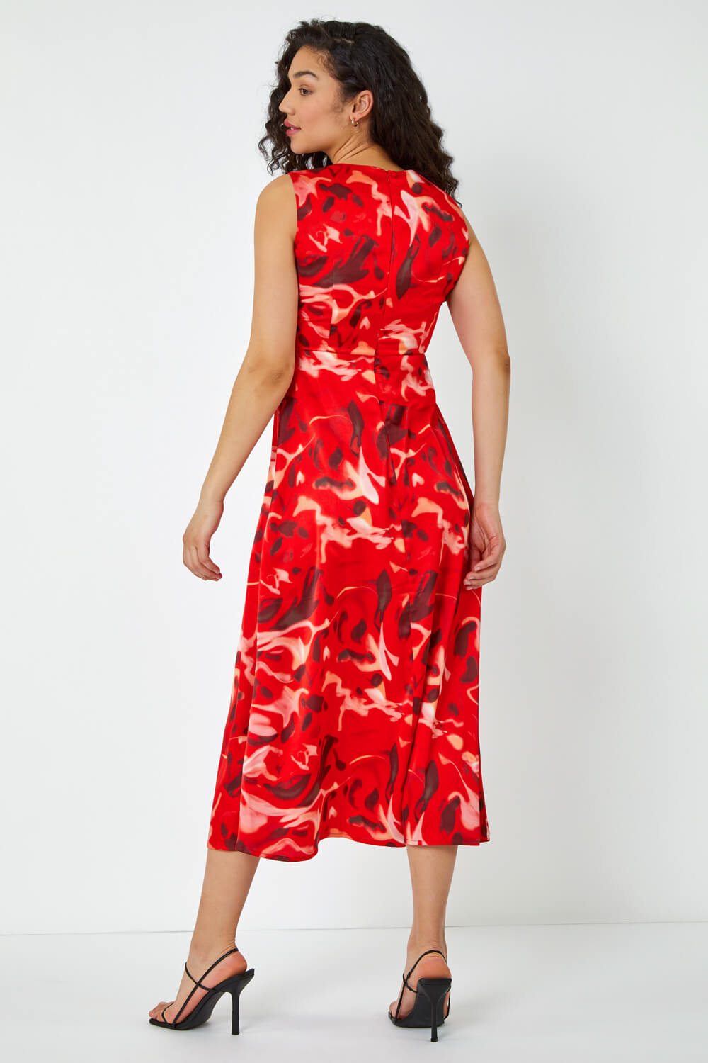 Red Sleeveless Marble Print Midi Dress, Image 3 of 5