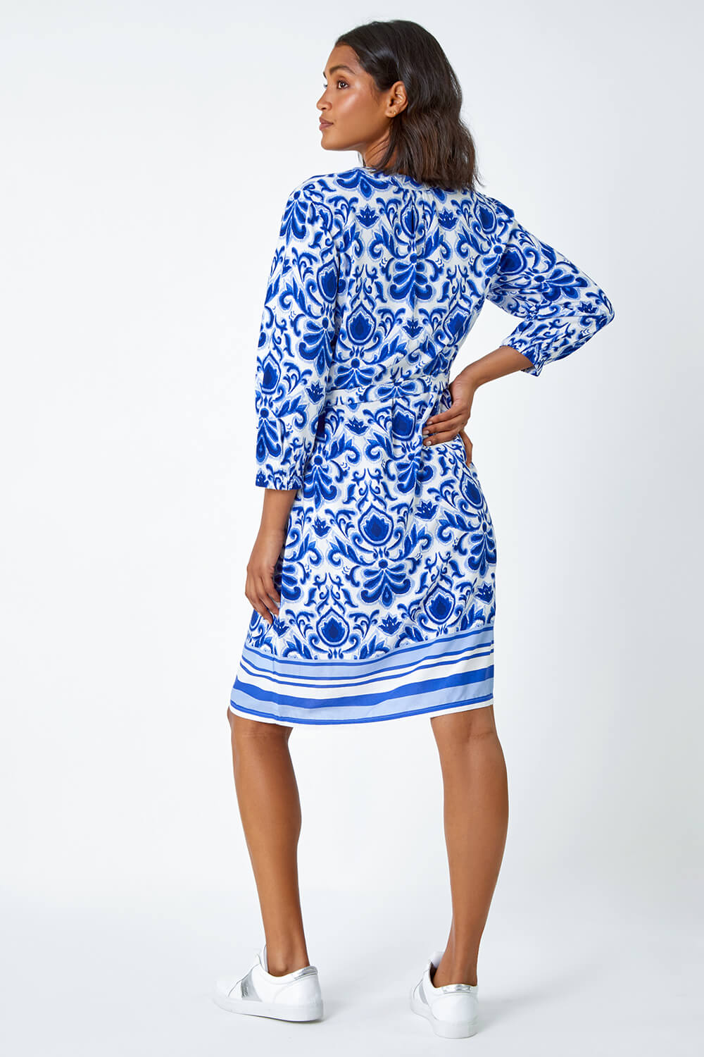 Royal Blue Abstract Border Print Shirt Dress, Image 3 of 5