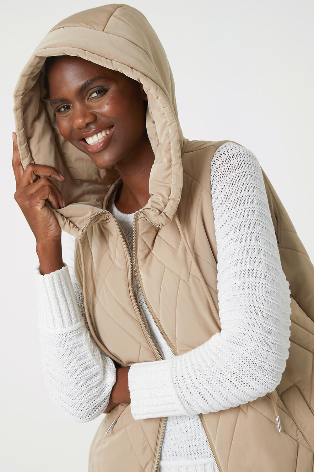 Beige Diamond Quilted Hooded Gilet, Image 4 of 5
