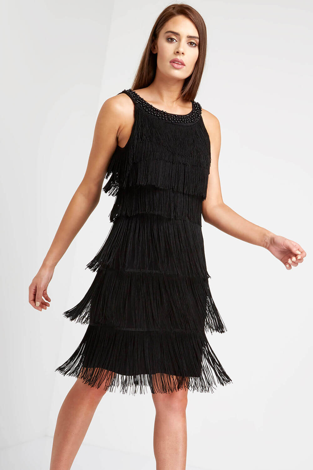Embellished Fringe Flapper Dress in Black - Roman Originals UK