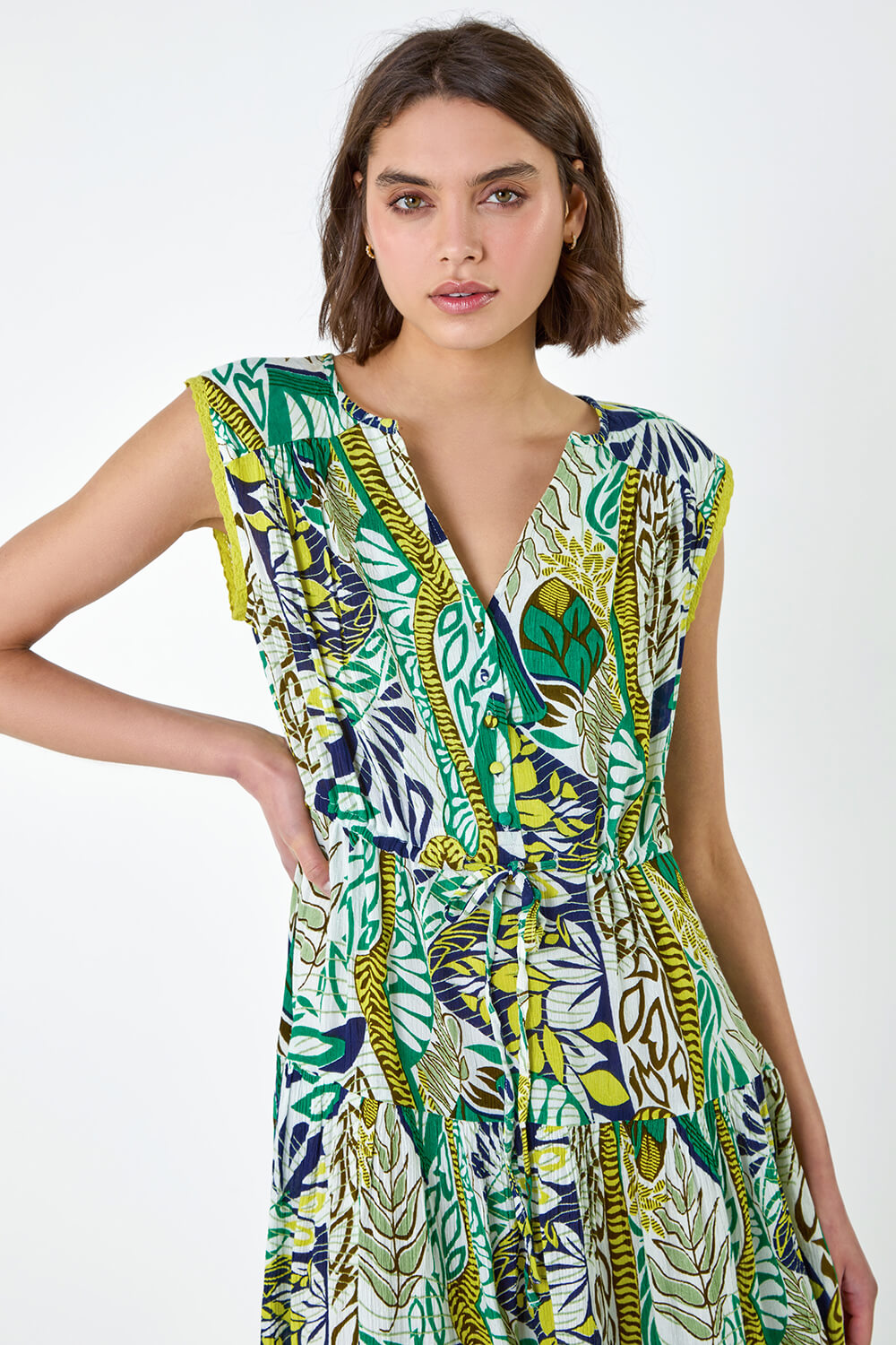 Lime Leaf Print Tiered Woven Dress, Image 4 of 5