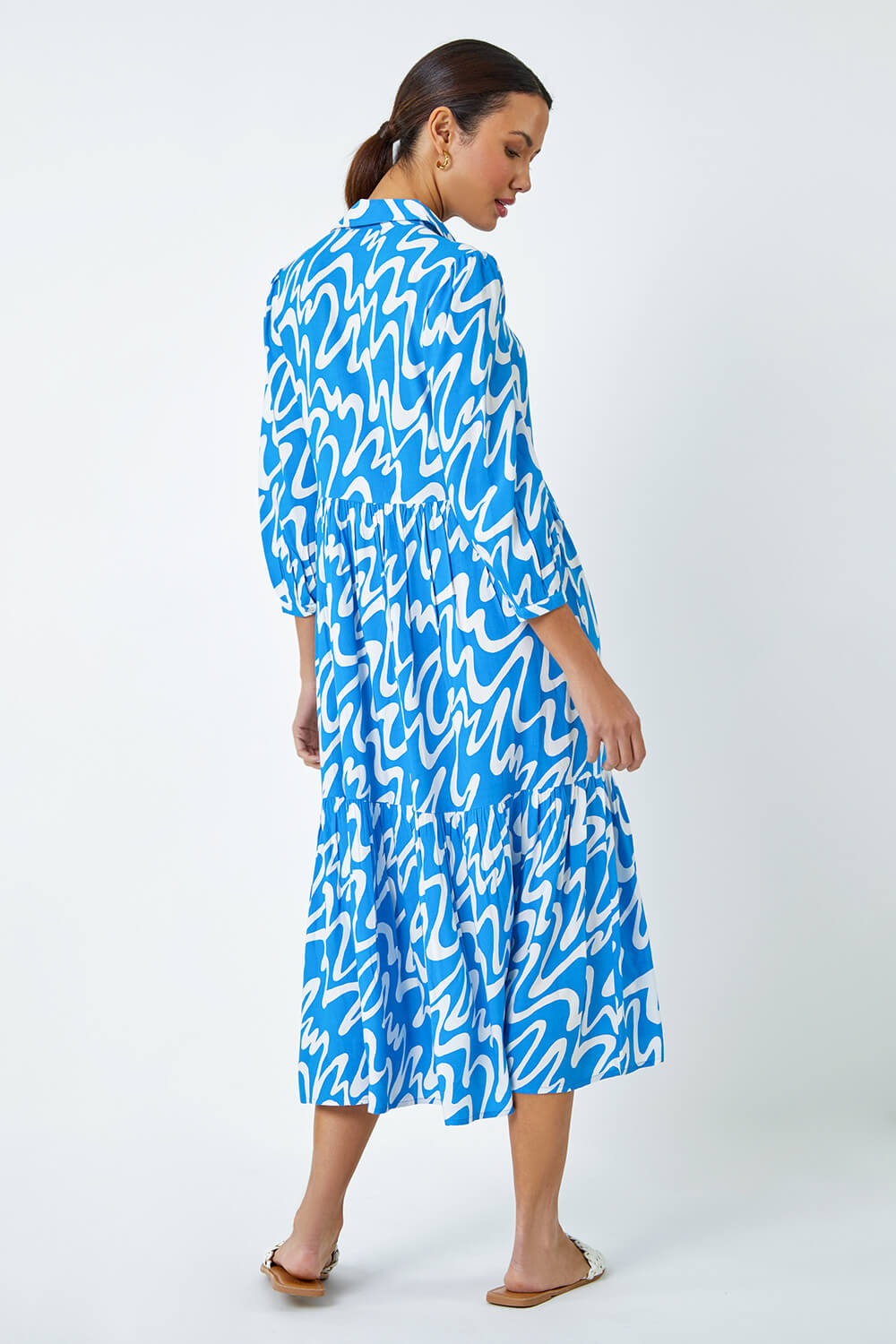 Turquoise Wave Print Tiered Shirt Dress, Image 3 of 5