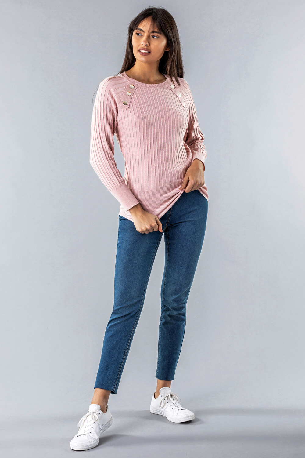 Light Pink Button Detail Ribbed Jumper, Image 2 of 4