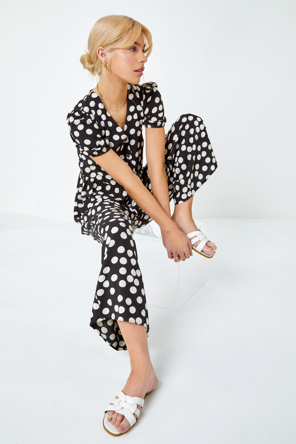 Black Polka Dot Print Culotte Jumpsuit, Image 4 of 5