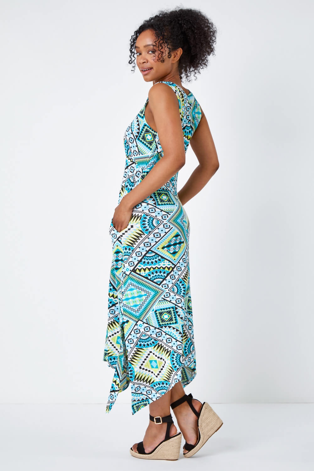 Turquoise Petite Sleeveless Abstract Midi Stretch Dress, Image 3 of 5