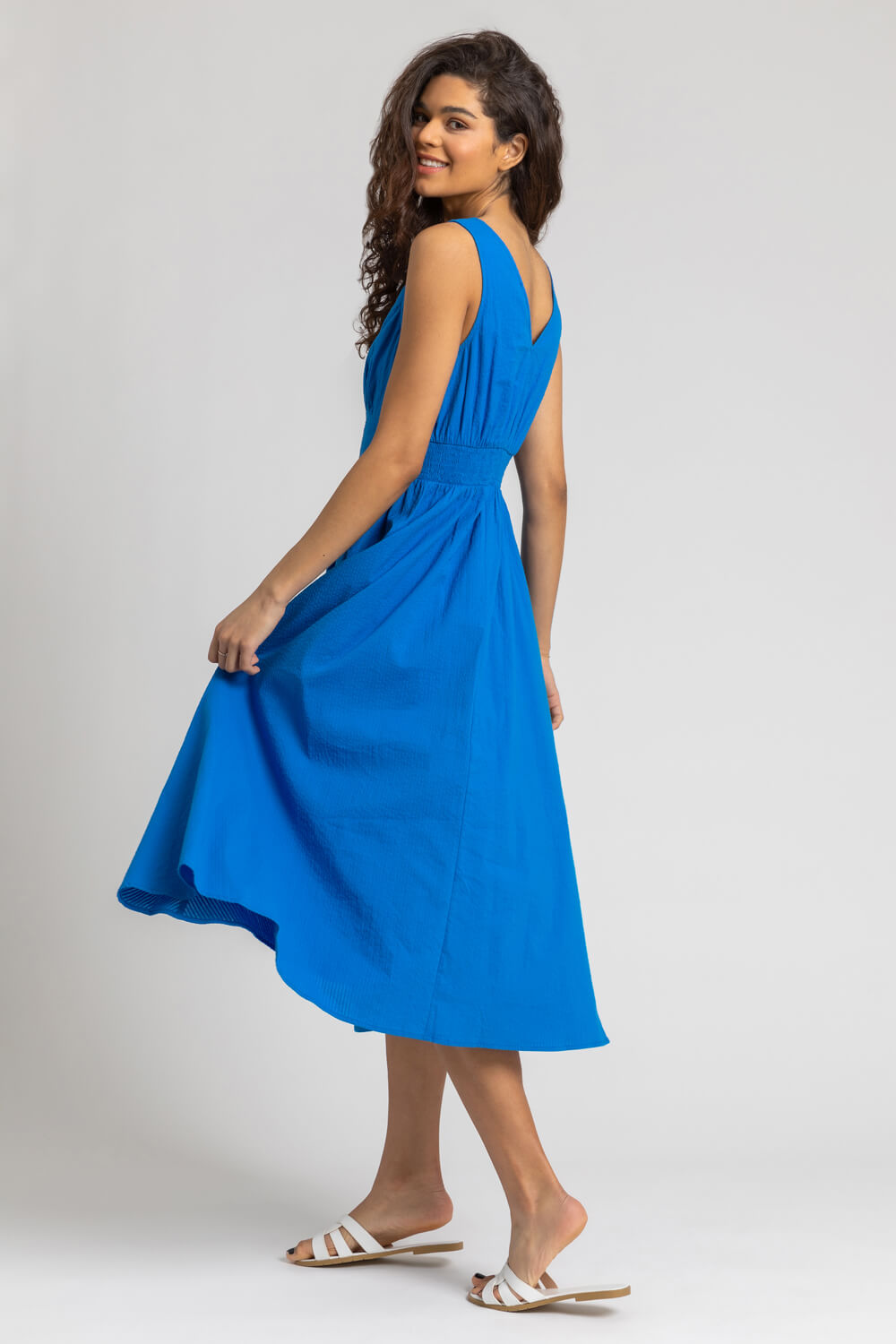 Royal Blue Button Detail Cotton Midi Dress, Image 3 of 5
