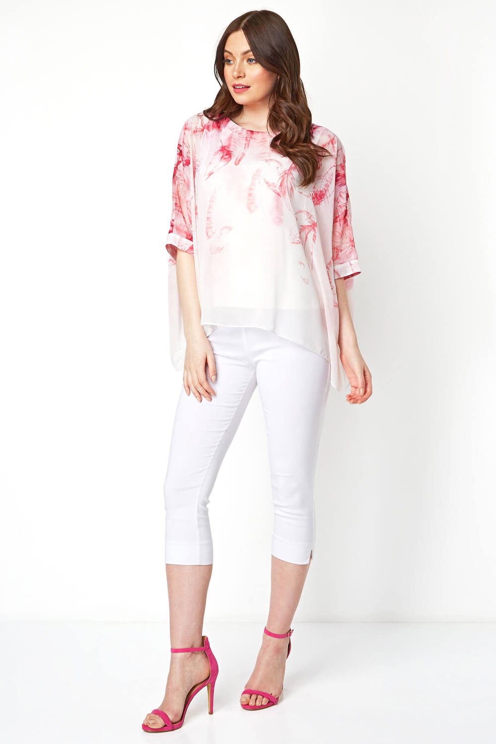 PINK Feather Border Print Overlay Top, Image 2 of 8