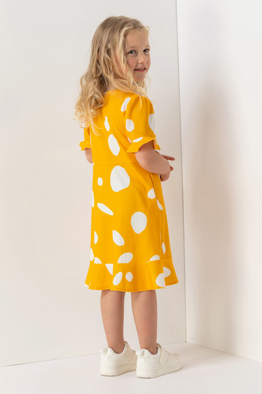 Amber Girls Spot Print Fluted Hem Dress, Image 3 of 5