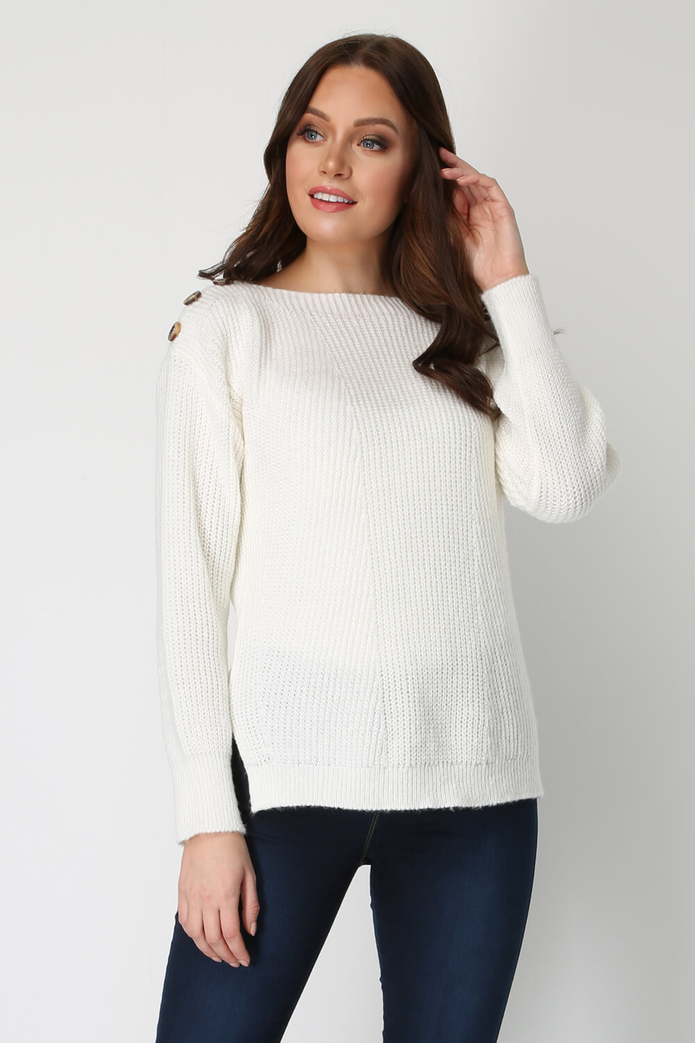 Button Shoulder Chunky Knit Jumper in Ivory - Roman Originals UK