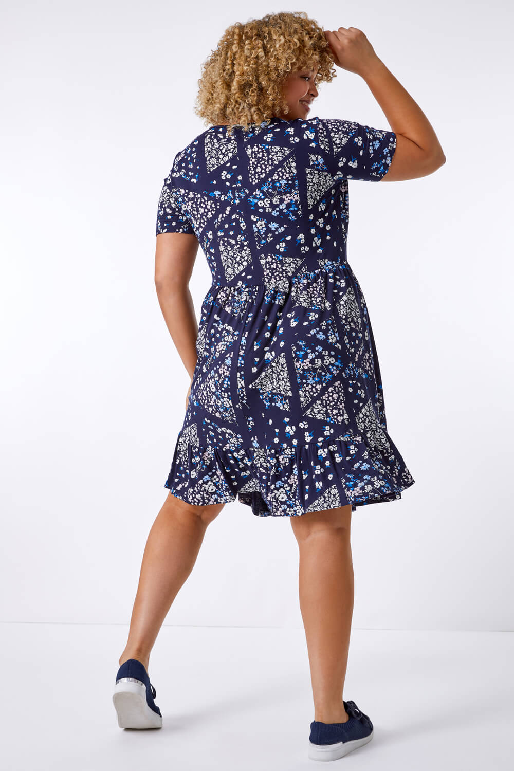 Navy  Curve Ditsy Floral Patchwork Swing Dress, Image 2 of 5