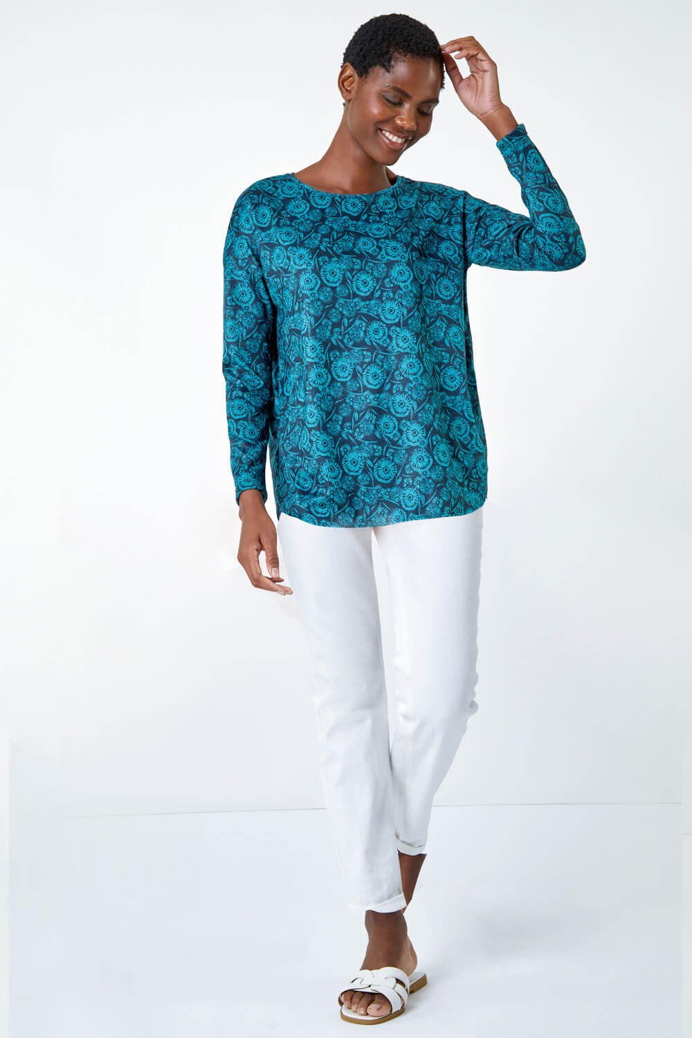 Teal Floral Soft Stretch Jersey Top, Image 2 of 5