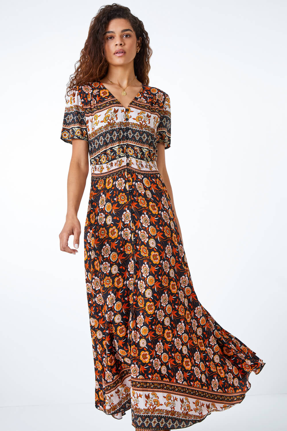Floral Print Shirred Waist Maxi Dress In Amber Roman Originals Uk