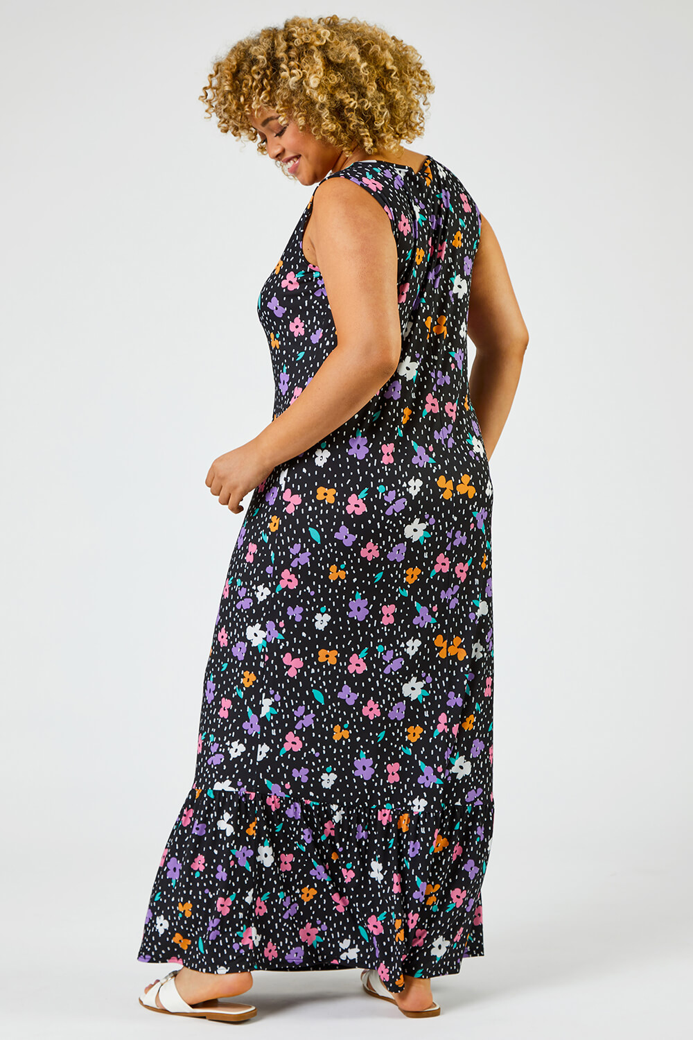 Black Curve Floral Spot Print Tiered Maxi Dress, Image 2 of 6