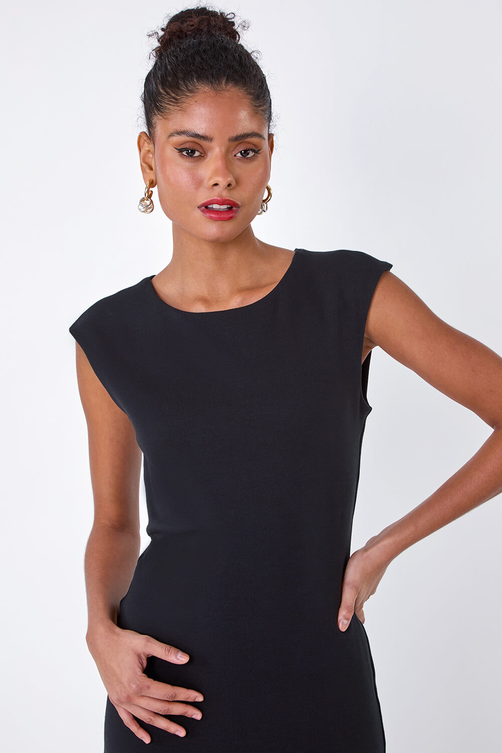 Black Plain Bodycon Stretch Jersey Midi Dress, Image 5 of 5