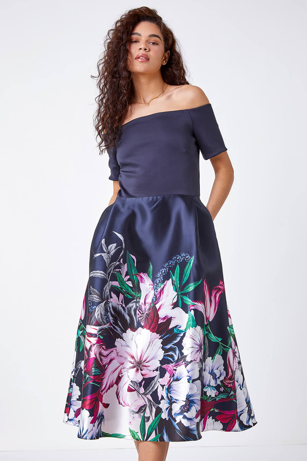 Navy  Bardot Floral Fit & Flare Dress, Image 2 of 5