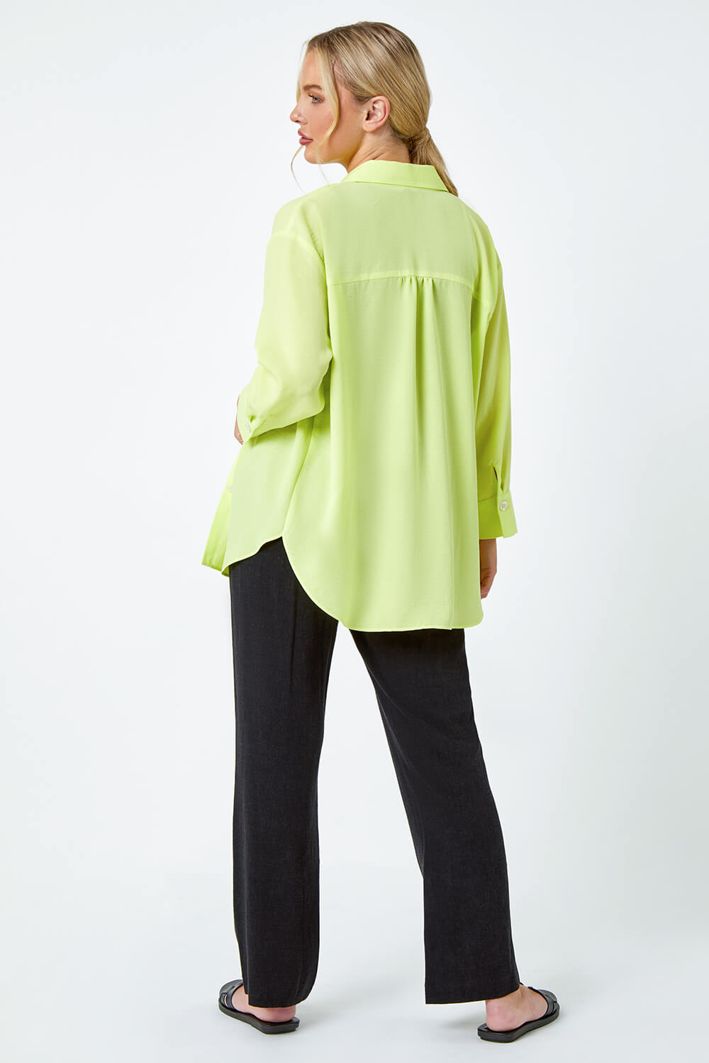 Lime Petite Longline Button Through Shirt, Image 3 of 5
