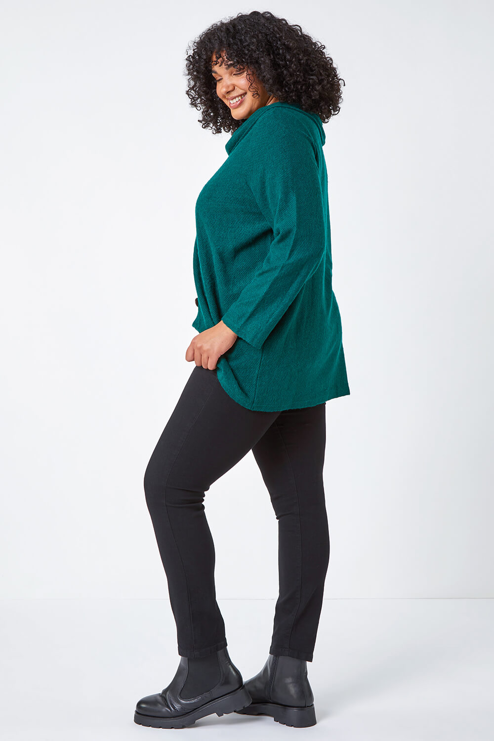 Green Curve Cowl Neck Button Wrap Top, Image 3 of 5