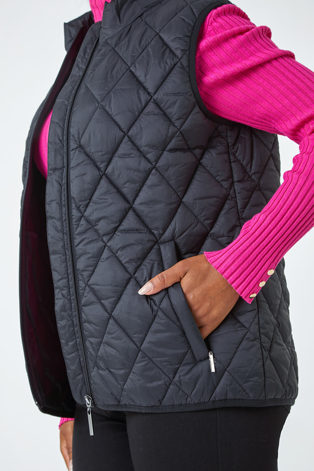 Black Petite Hooded Quilted Gilet , Image 4 of 5