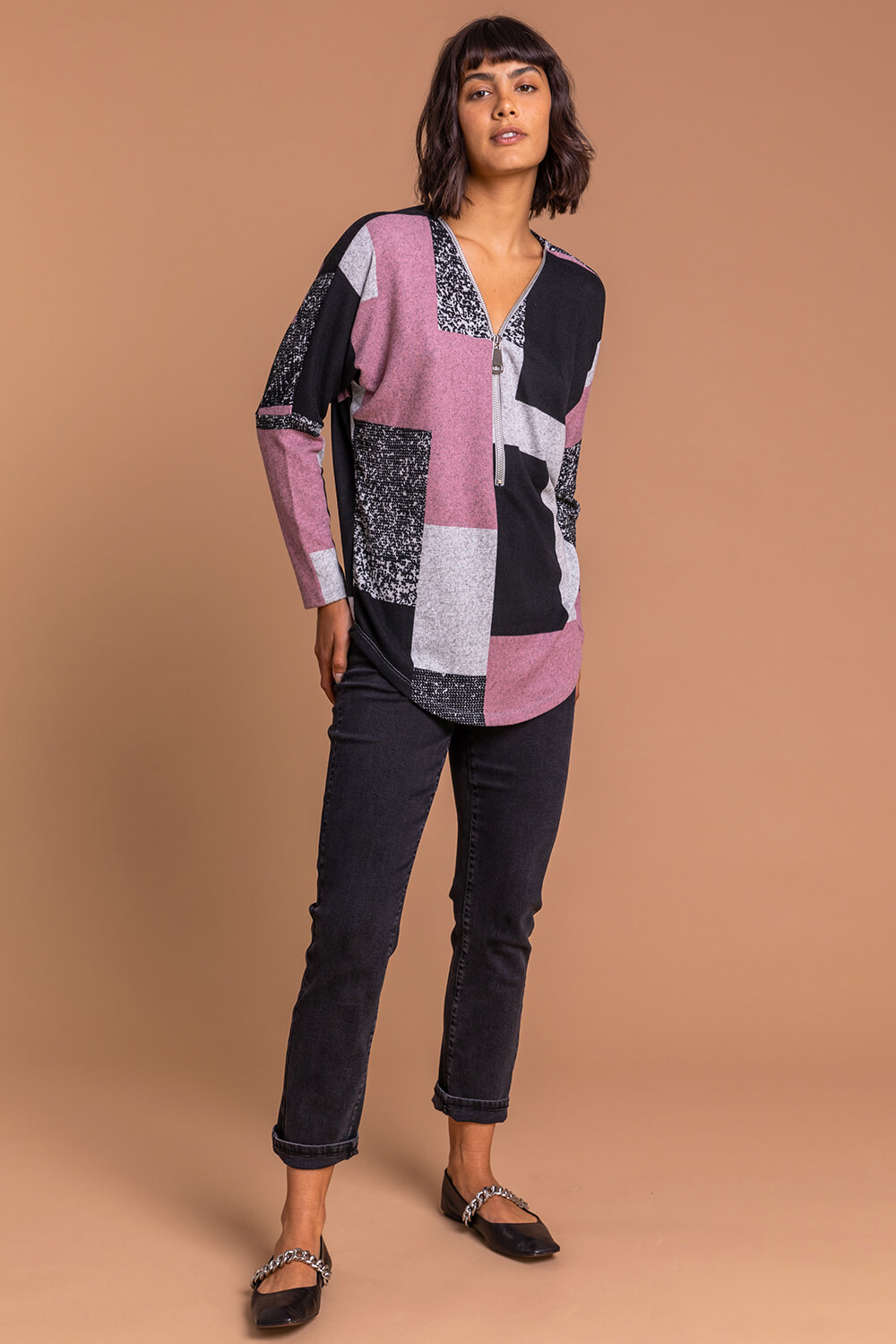 PINK Colour Block V Neck Zip Detail Long Sleeve Top , Image 3 of 5