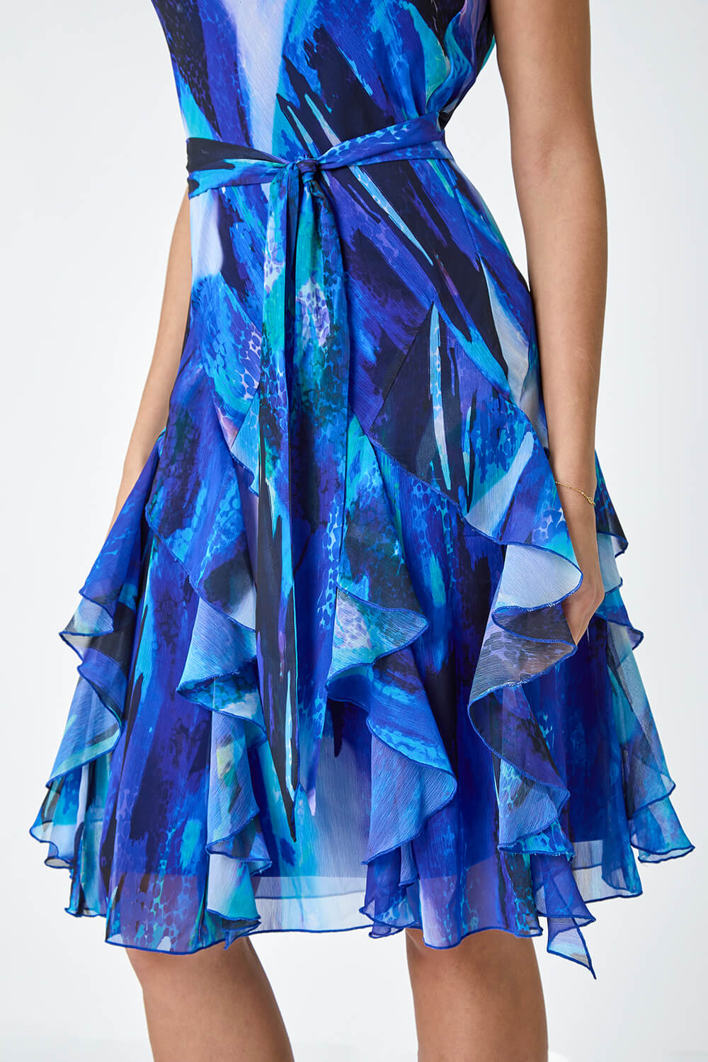 Blue Abstract Print Frill Detail Dress, Image 5 of 5