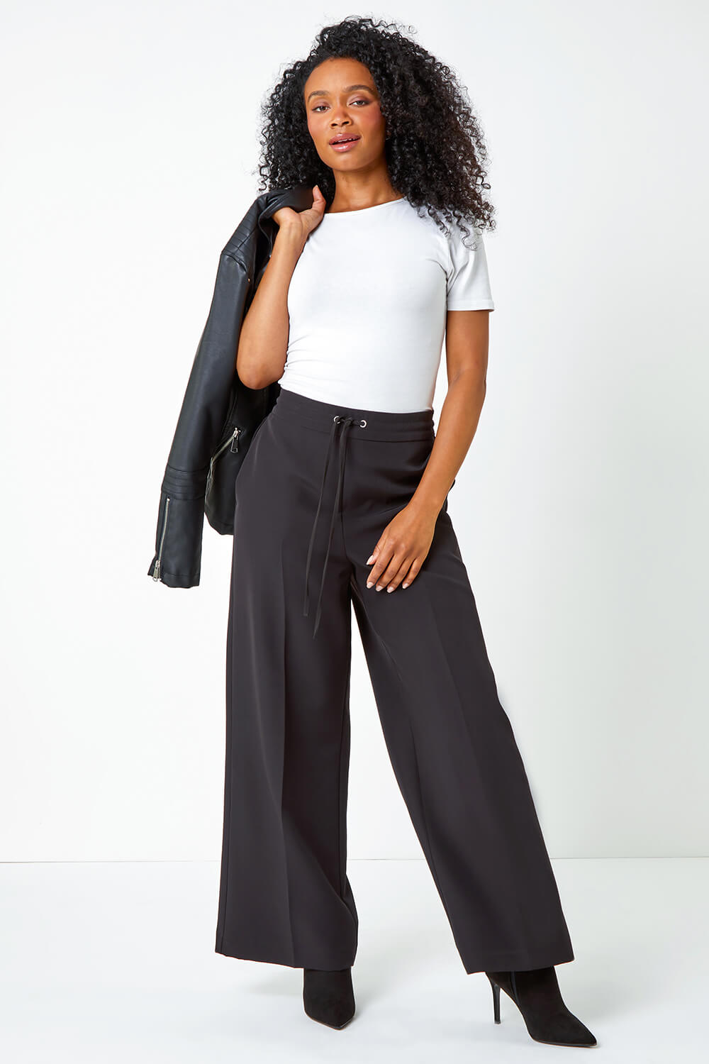 Black Petite Wide Leg Stretch Trousers, Image 2 of 5