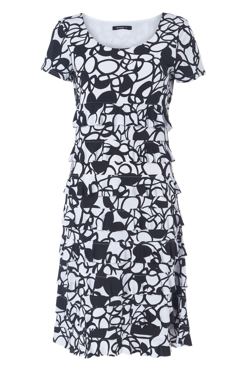 Black Monochrome Print Frill Tiered Dress, Image 4 of 4