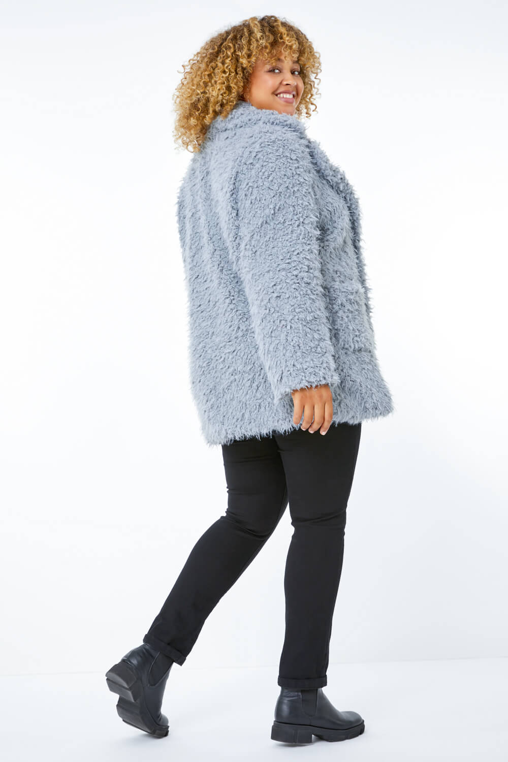 Grey Curve Fluffy Textured Coat, Image 3 of 5