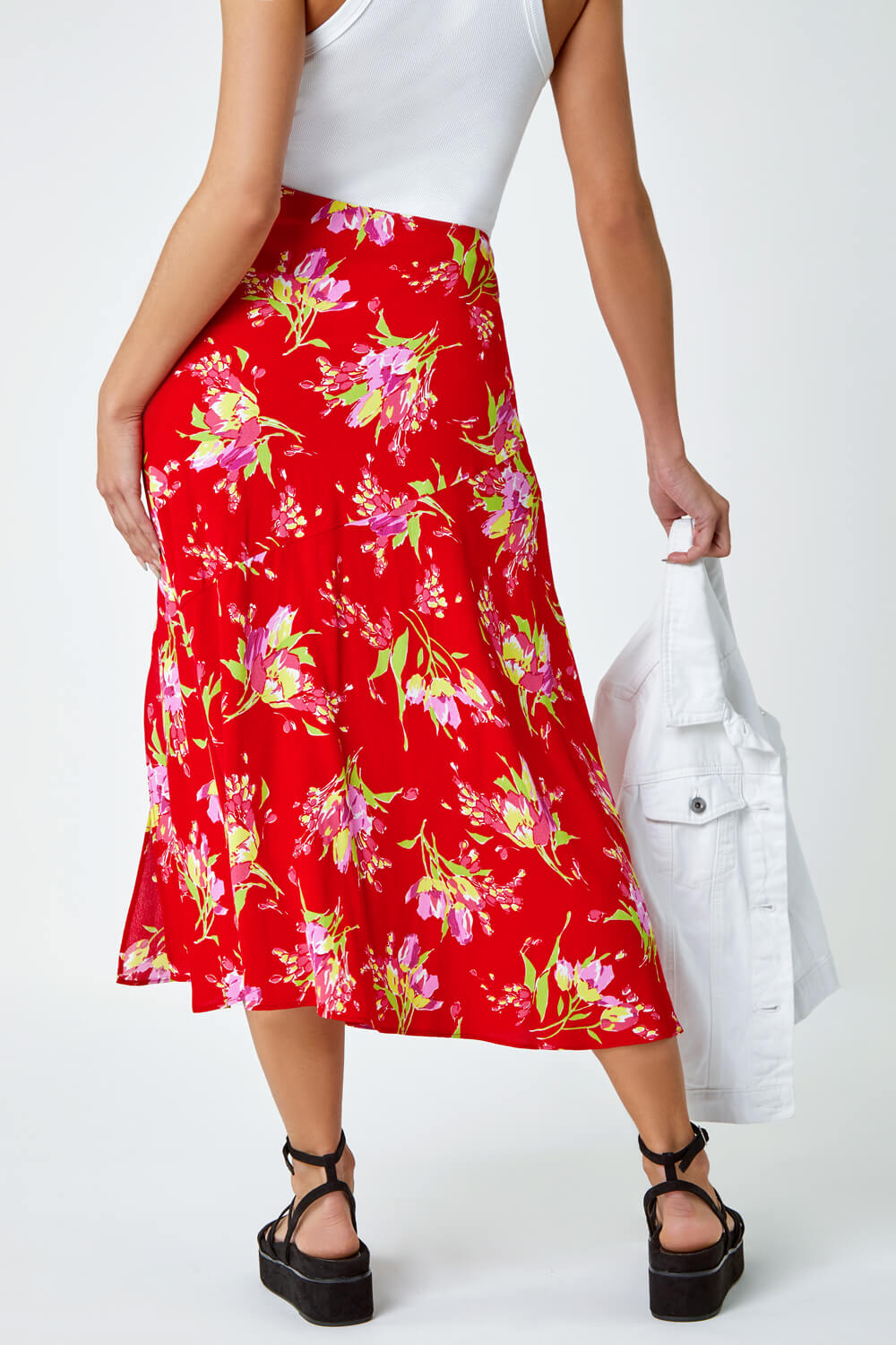 Red Floral Asymmetric Frill Midi Skirt, Image 2 of 5