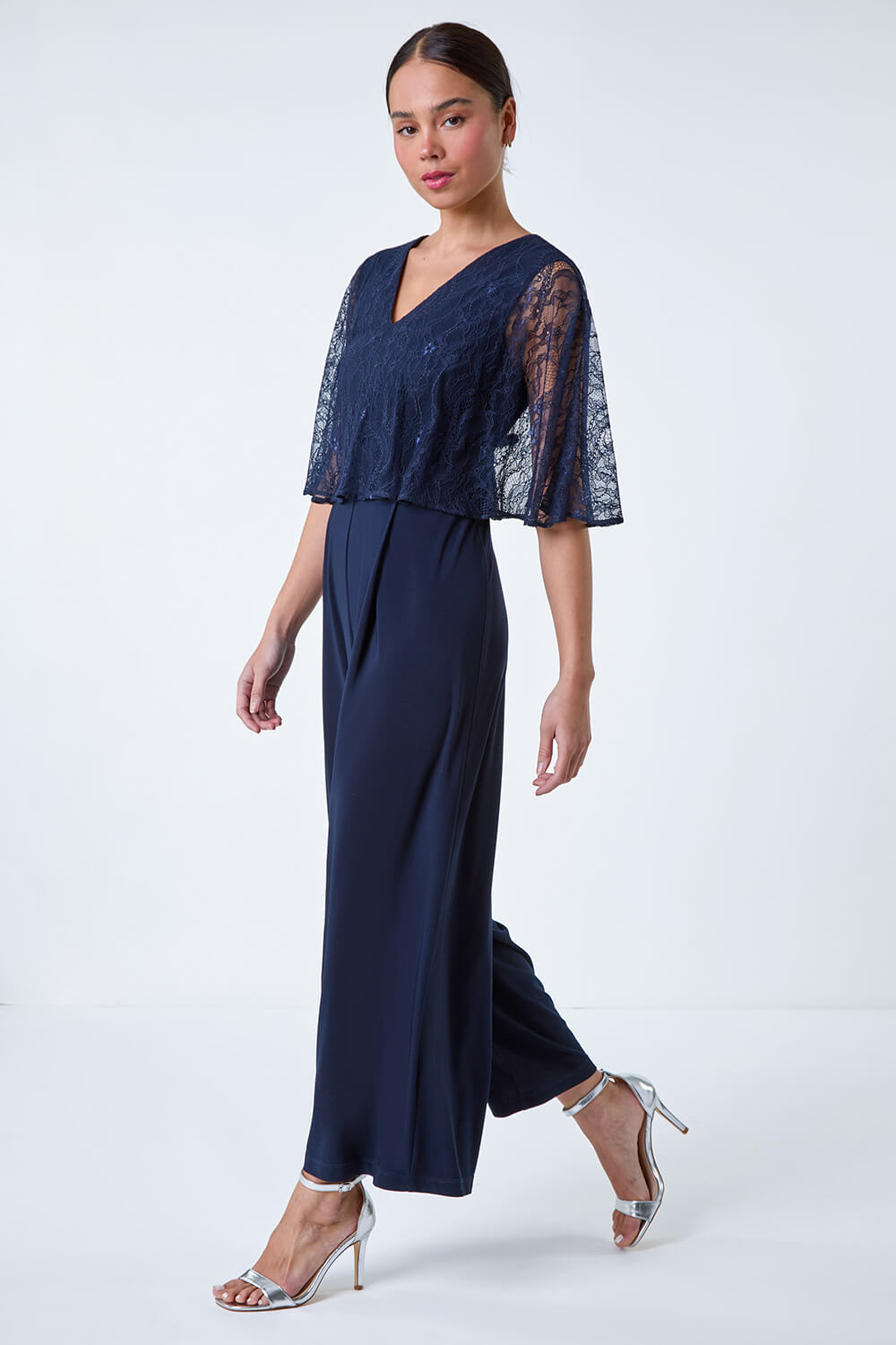 Navy  Petite Lace Overlay Wide Leg Jumpsuit, Image 2 of 5