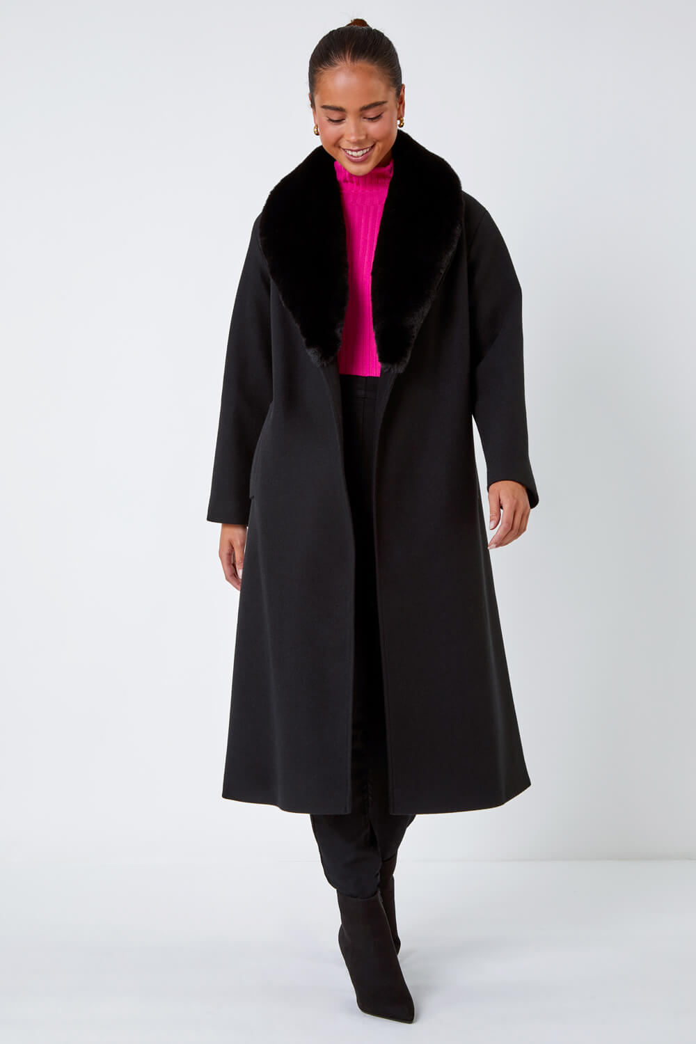 Black Petite Faux Fur Collar Longline Coat, Image 4 of 5
