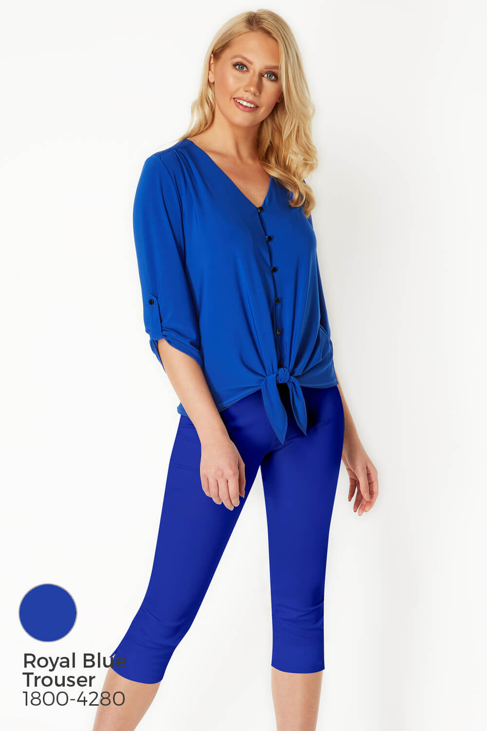 Royal Blue Tie Front Button Up Blouse, Image 6 of 8