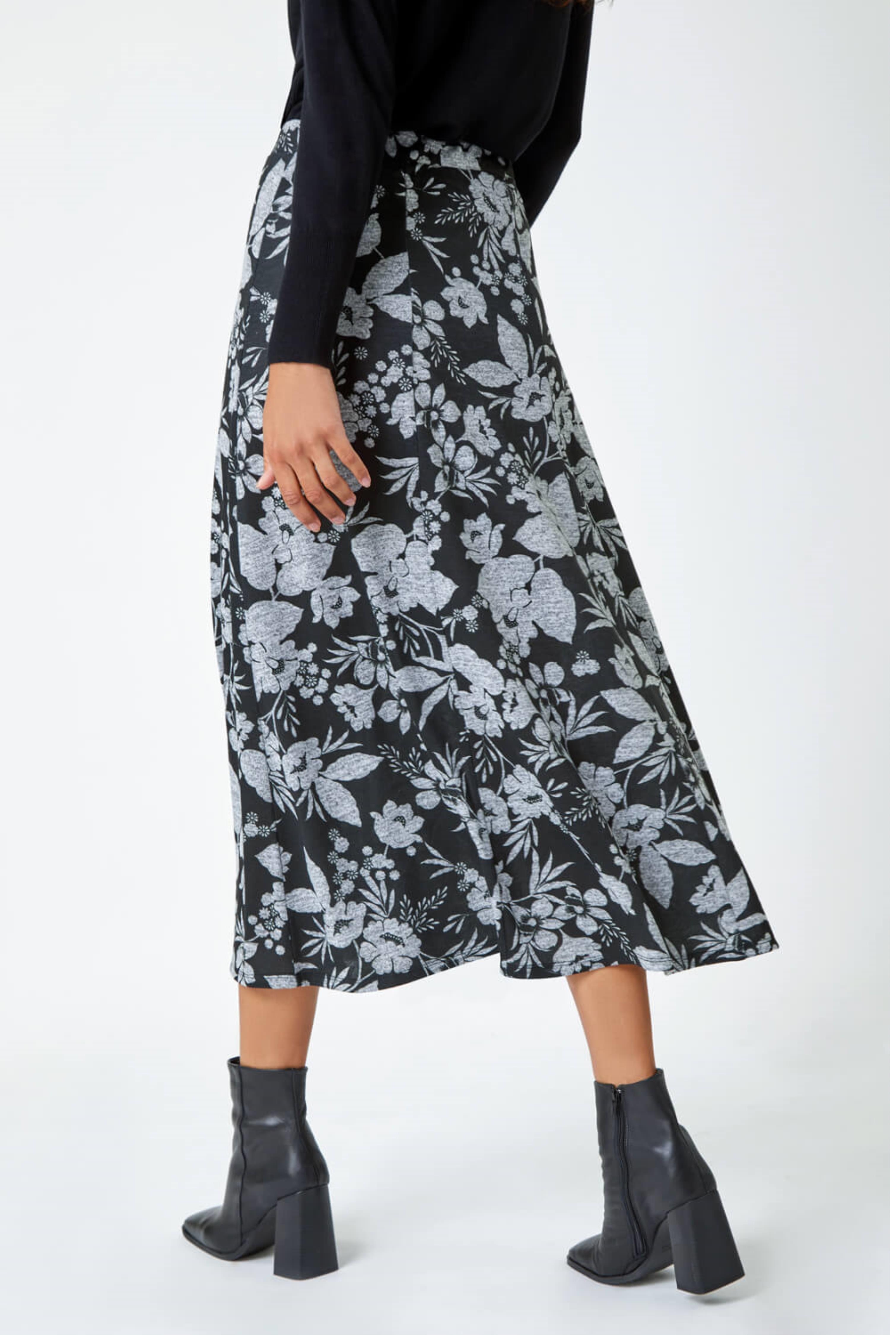 Grey Floral Print Midi Stretch Skirt, Image 3 of 5