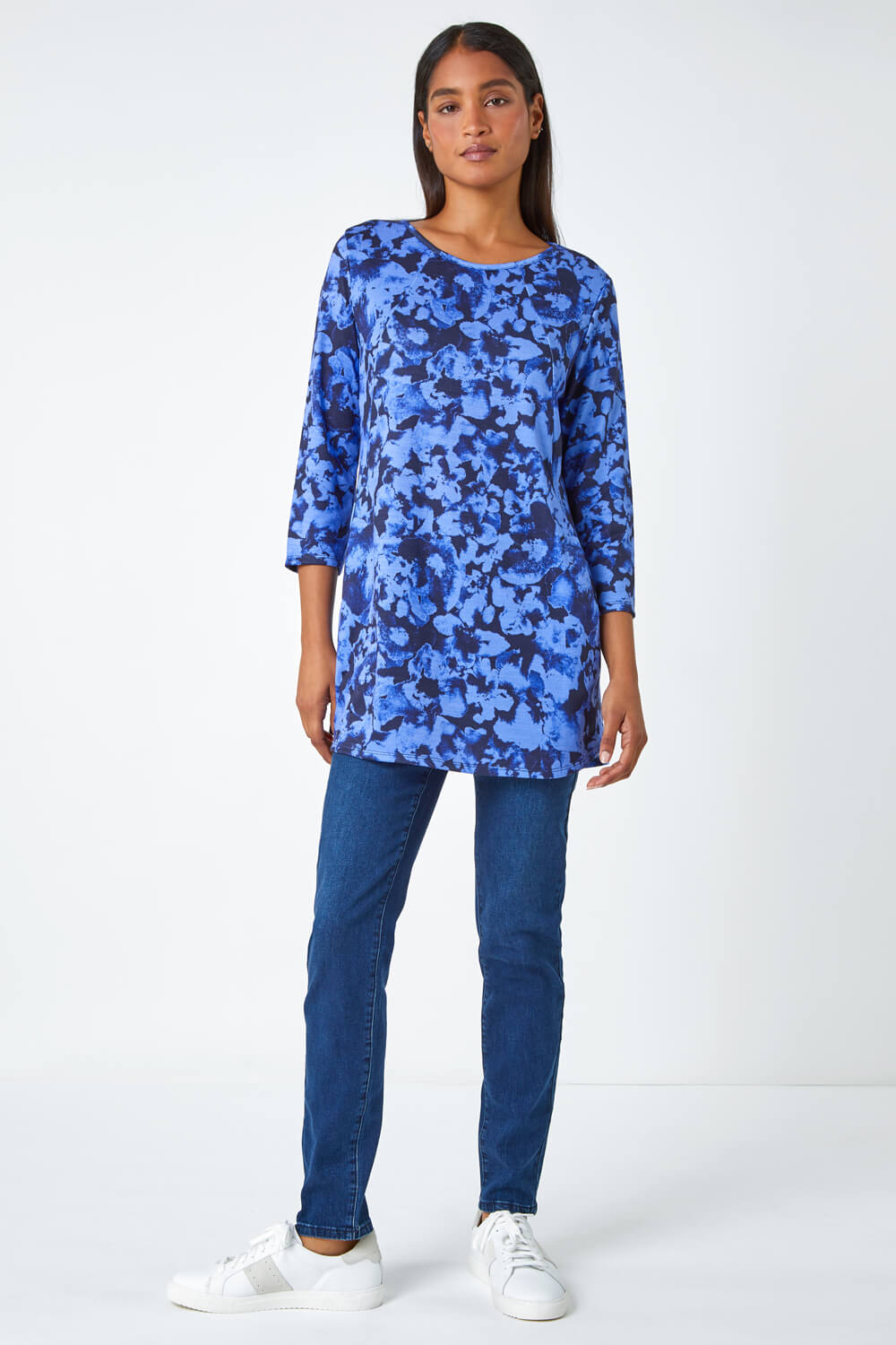 Blue Abstract Print Stretch Swing Tunic , Image 2 of 5