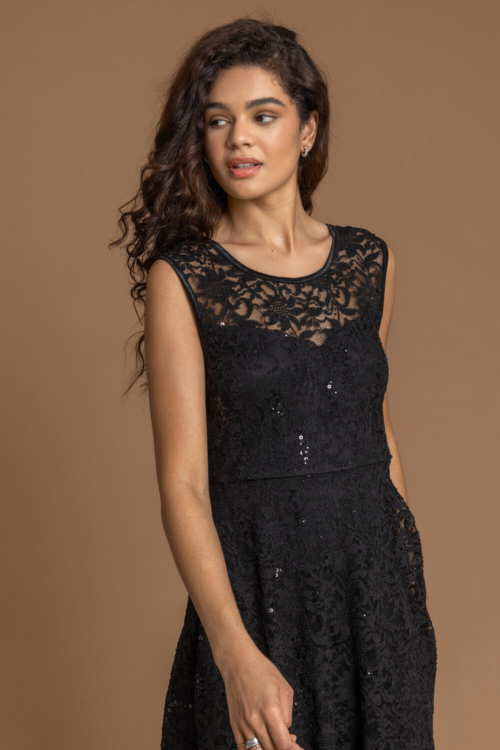 Lace Dipped Hem Fit & Flare Dress in Black - Roman Originals UK