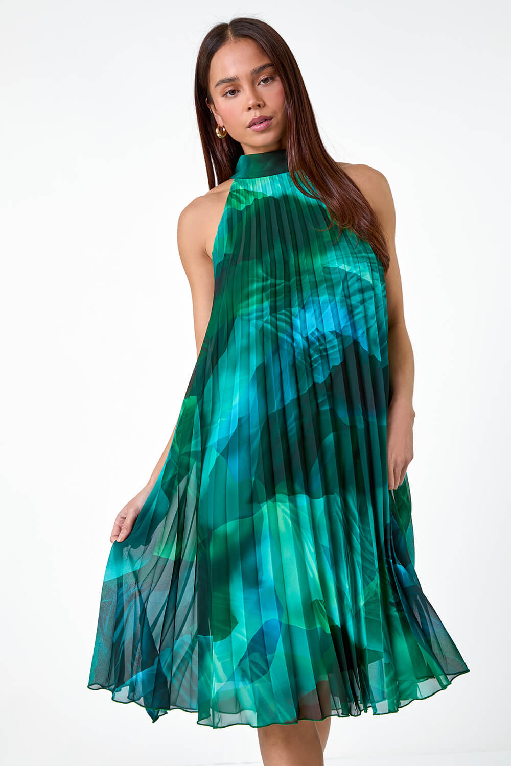 Dark Green Petite Abstract Halter Neck Pleated Dress, Image 2 of 5