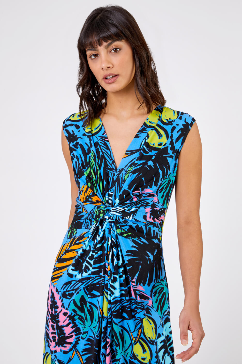 Multi Blue Palm Print Twist Waist Maxi Dress, Image 4 of 4