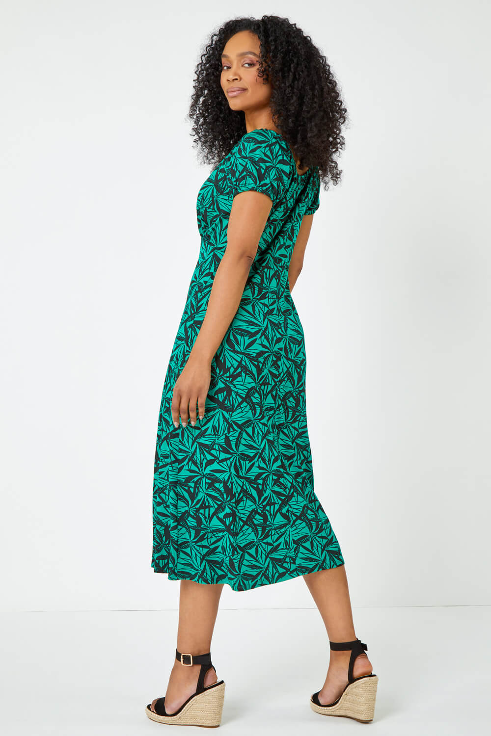 Green Petite Leaf Print Midi Stretch Dress | Roman UK