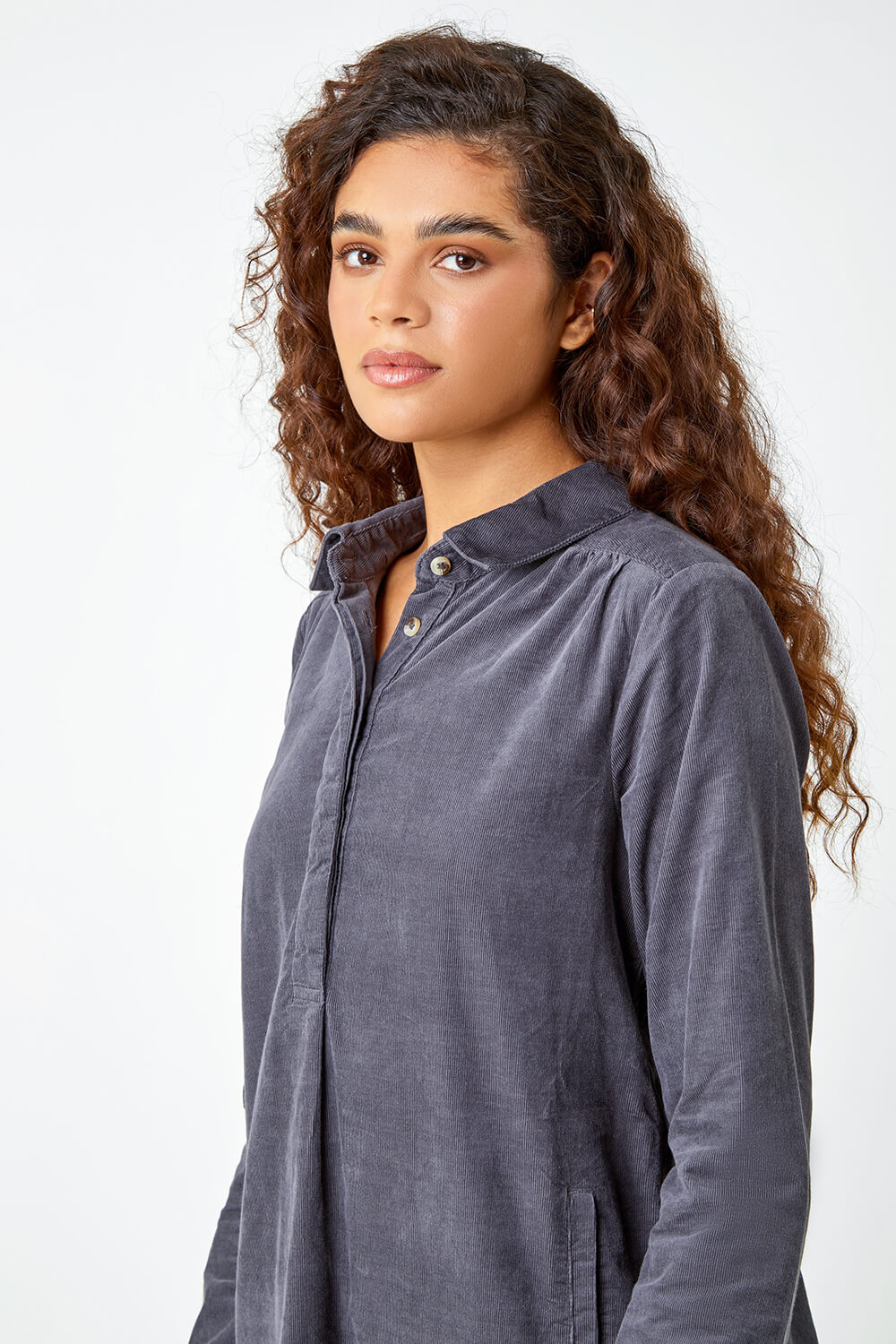 Dark Grey Corduroy Tunic Shirt Dress, Image 4 of 5