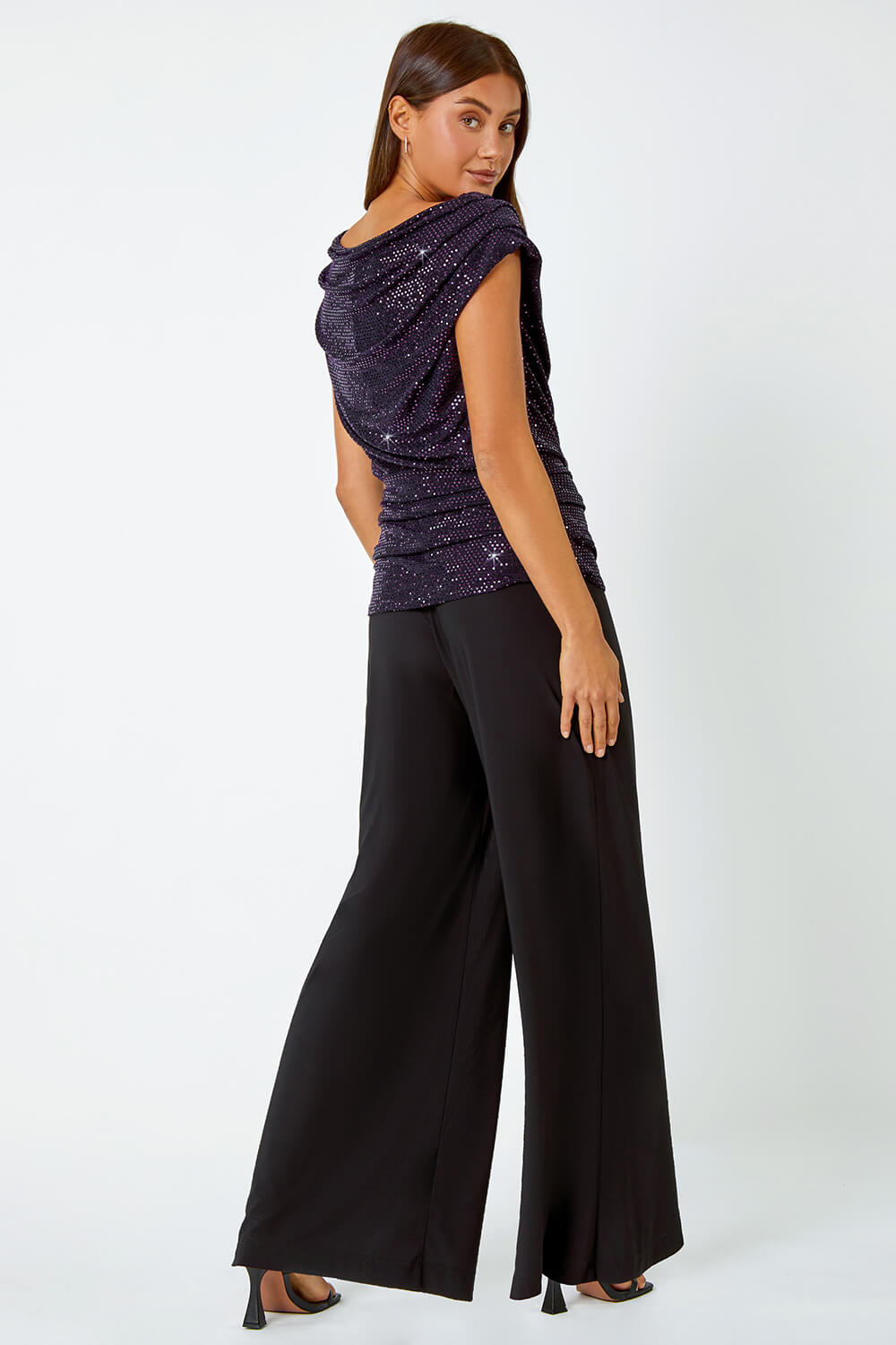 Purple Ruched Sequin Wide Leg Stretch Jumpsuit, Image 3 of 5