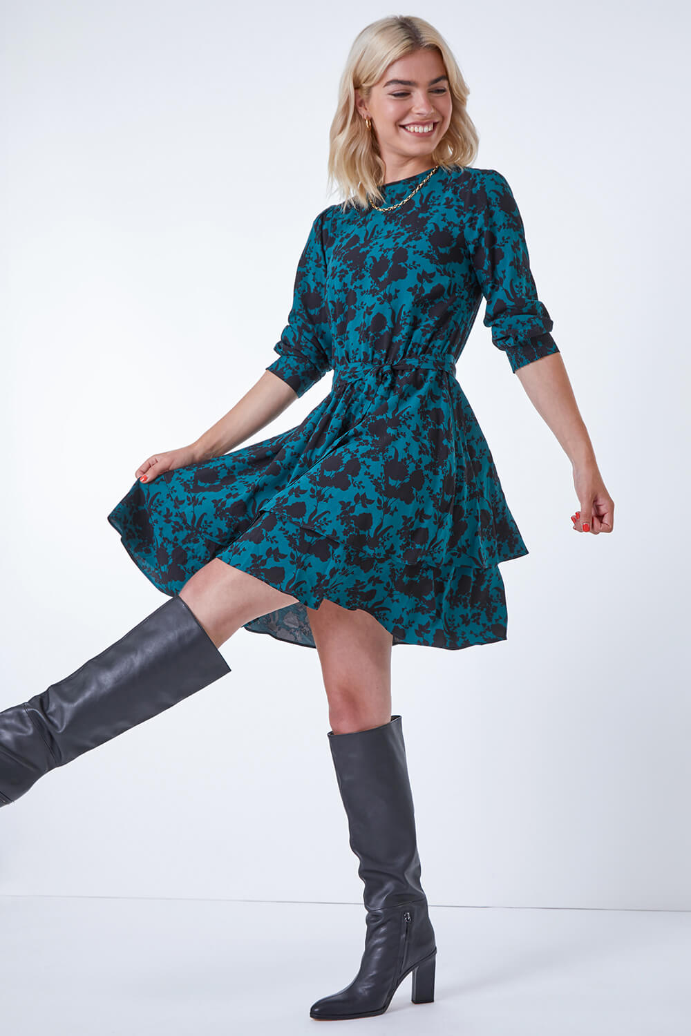 Dark Green Contrast Floral Tiered Dress, Image 4 of 5