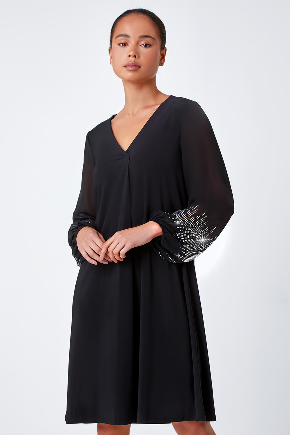 Black Petite Sparkle Sleeve Stretch Dress, Image 2 of 5