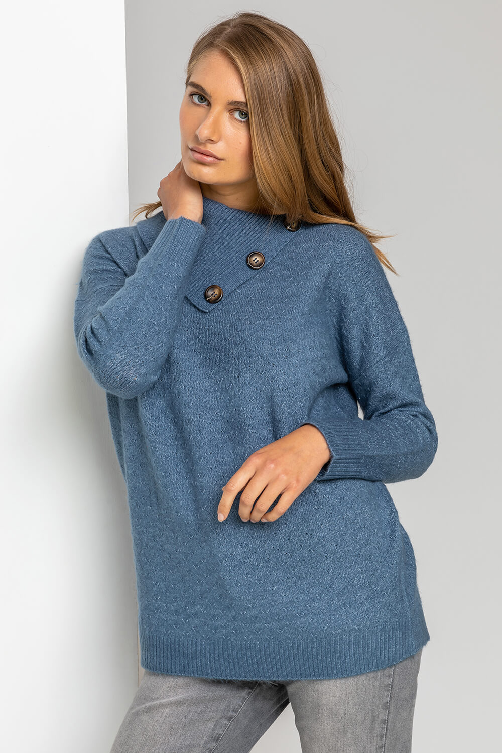 Blue Textured Cowl Neck Button Jumper, Image 3 of 5