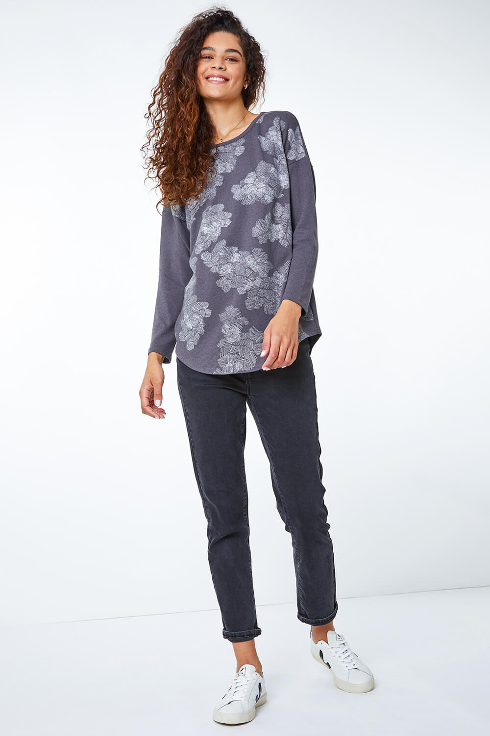 Charcoal Foil Print Stretch Jersey Top   , Image 2 of 5