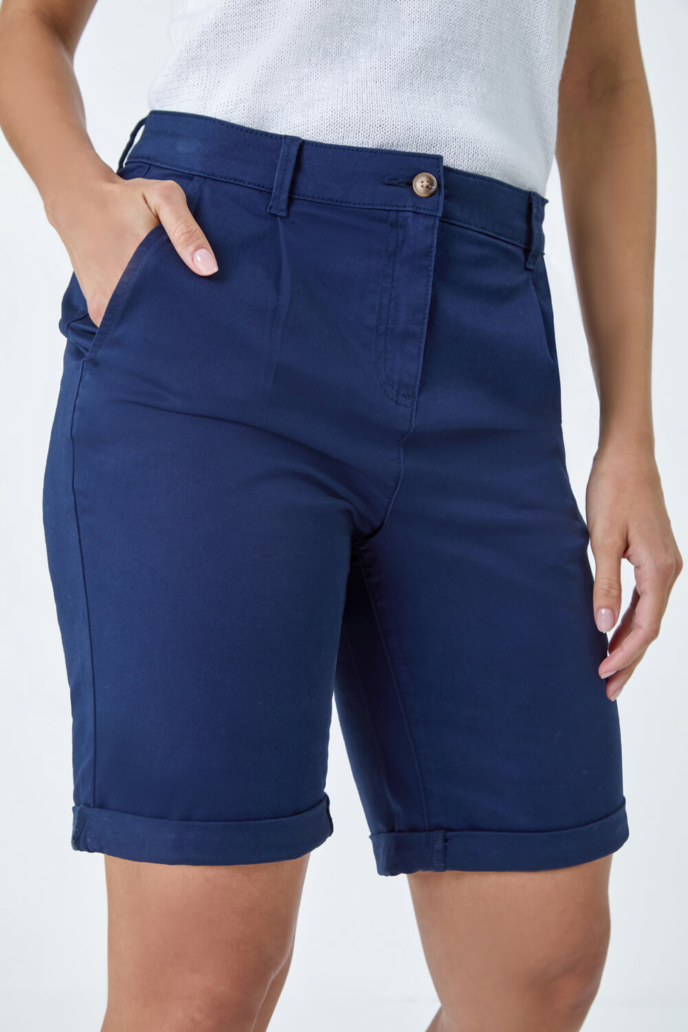 Navy  Cotton Blend Chino Shorts, Image 5 of 5