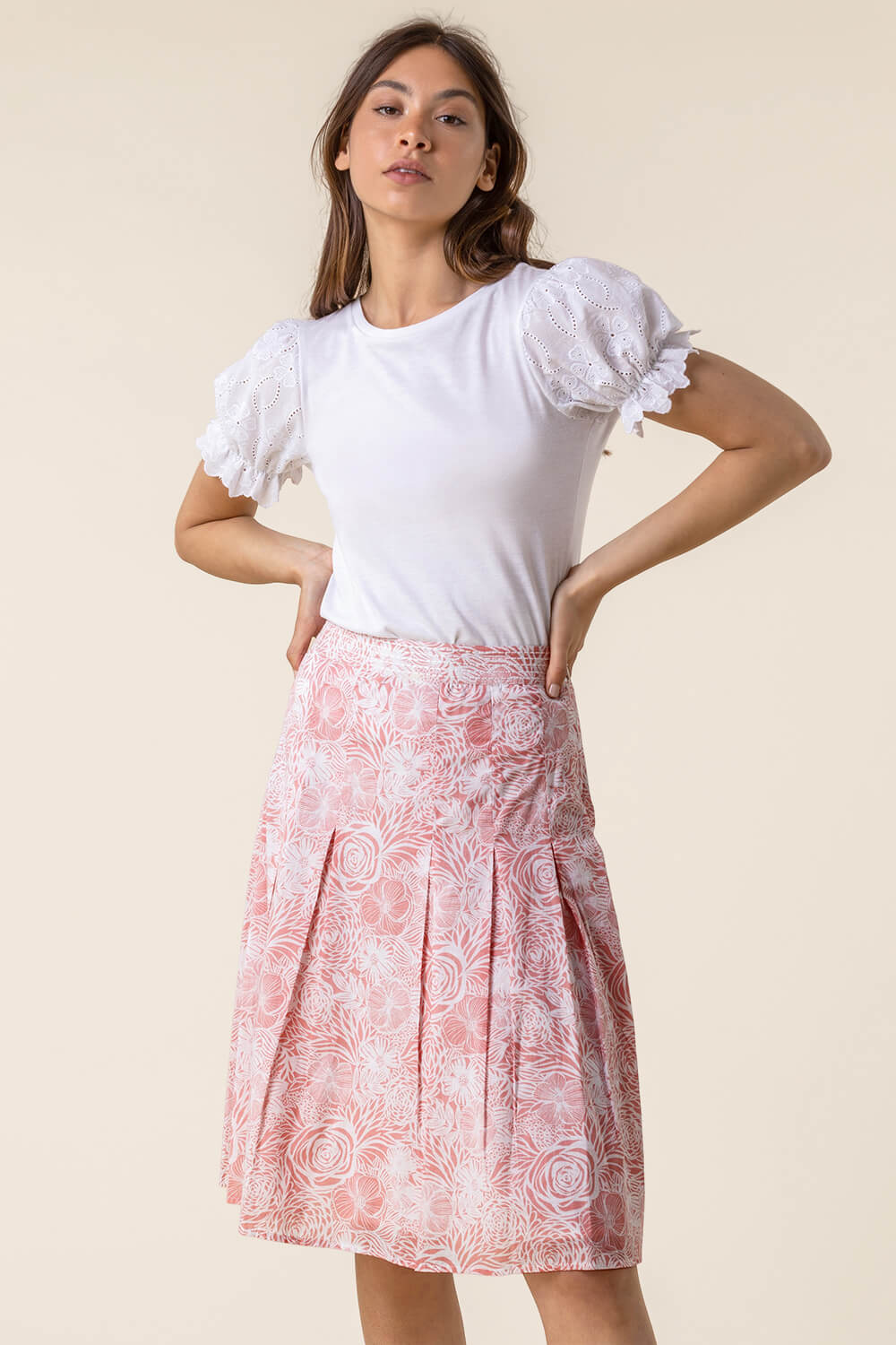 Floral Print A-Line Cotton Skirt in PINK - Roman Originals UK