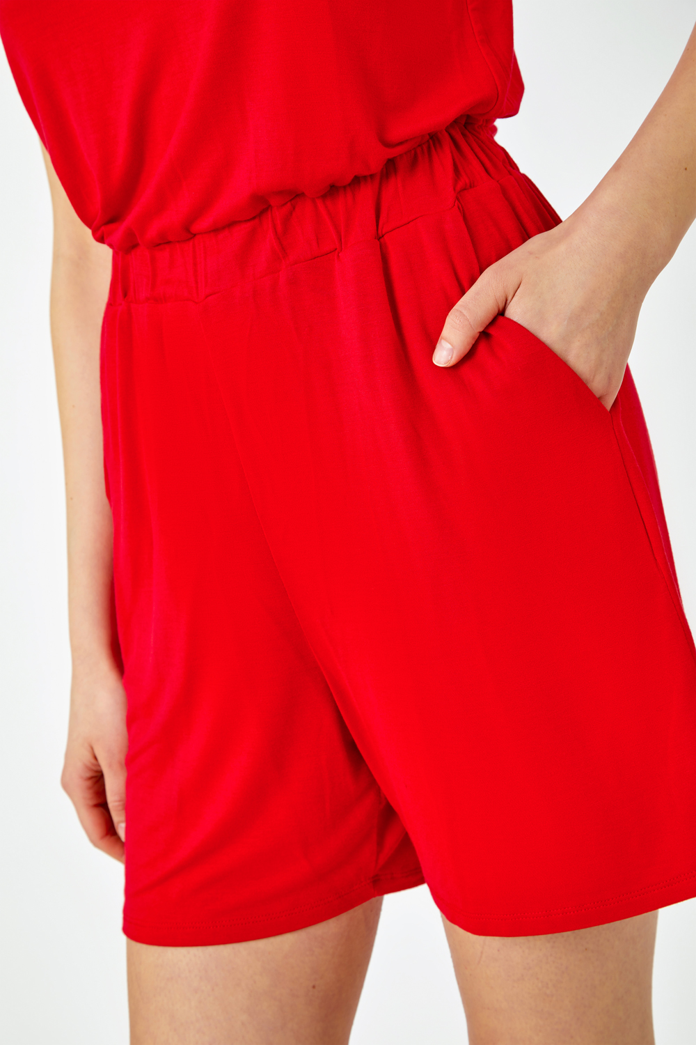 Red Plain Sleeveless Stretch Playsuit, Image 5 of 5