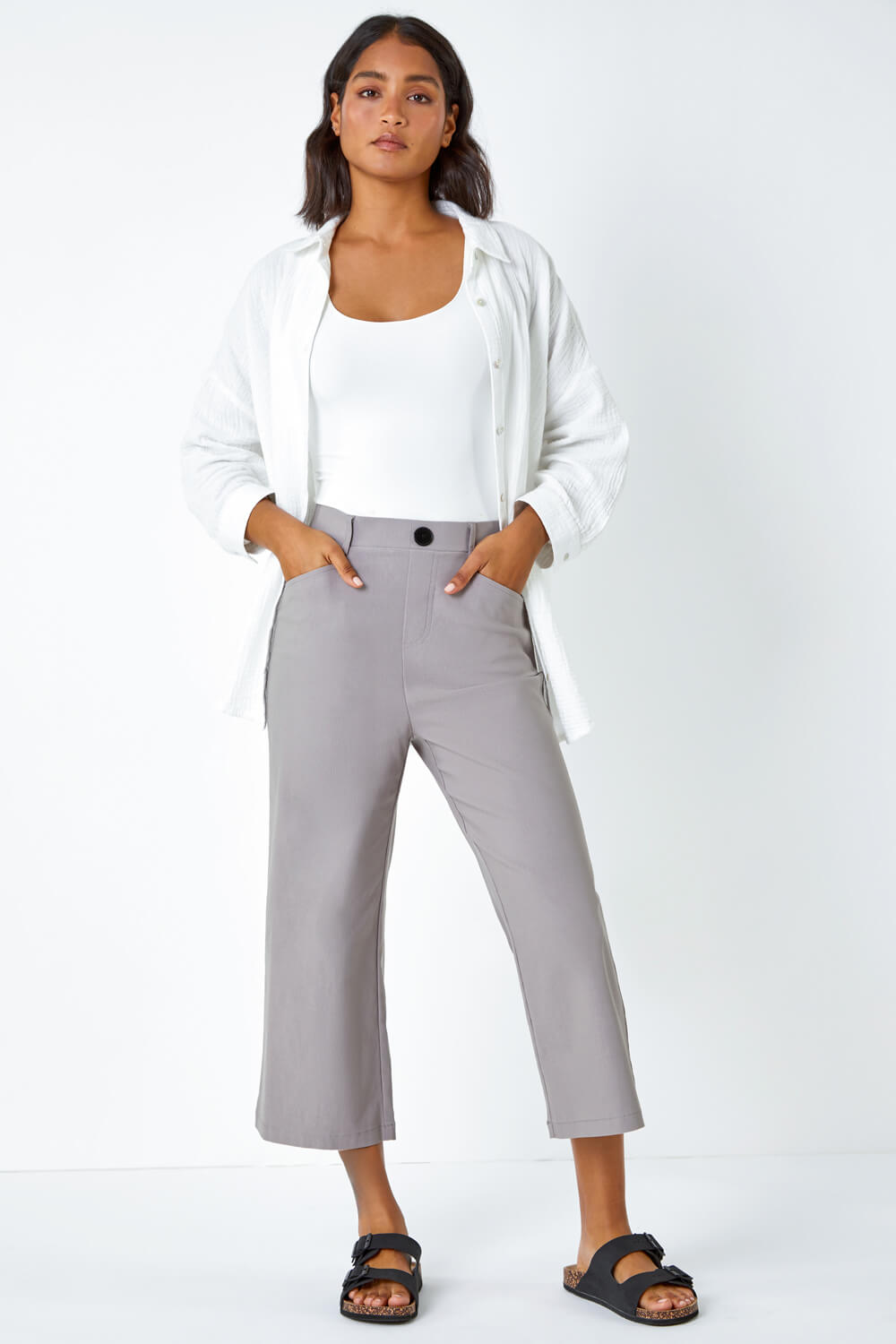 Taupe Cropped Stretch Culotte, Image 2 of 5