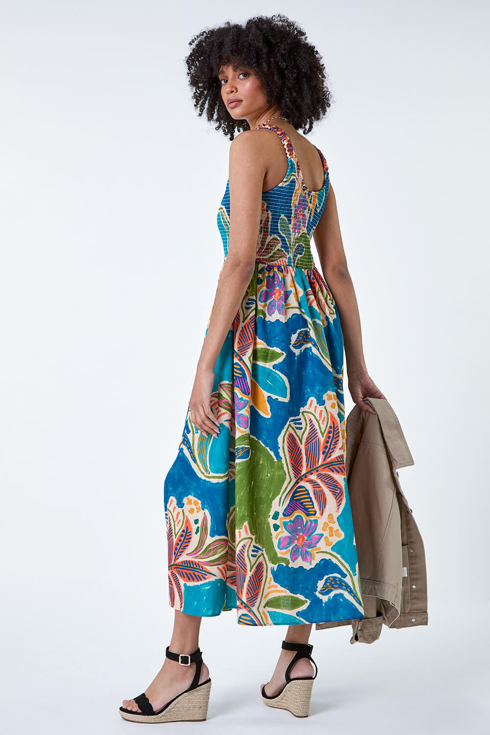 Blue Tropical Leaf Shirred Bodice Midi Dress, Image 3 of 7