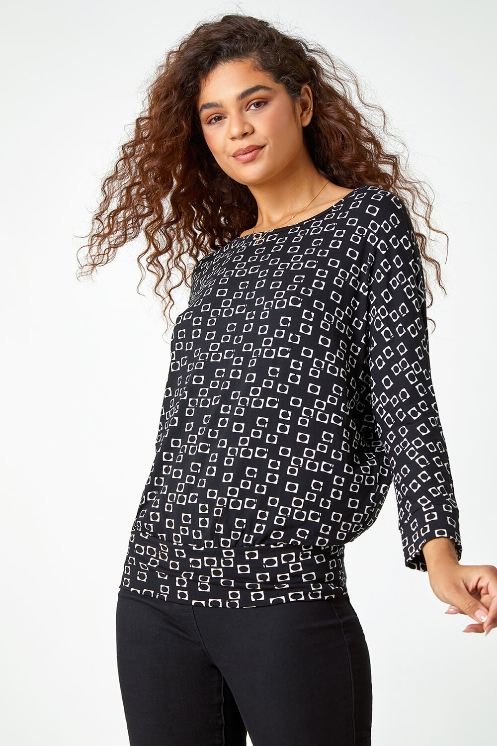 Geometric Print Blouson Stretch Top