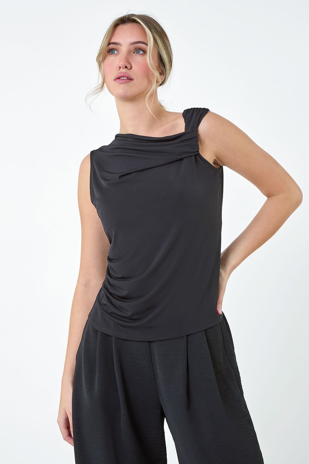 Black Ruched Twist Cowl Neck Stretch Top, Image 4 of 5